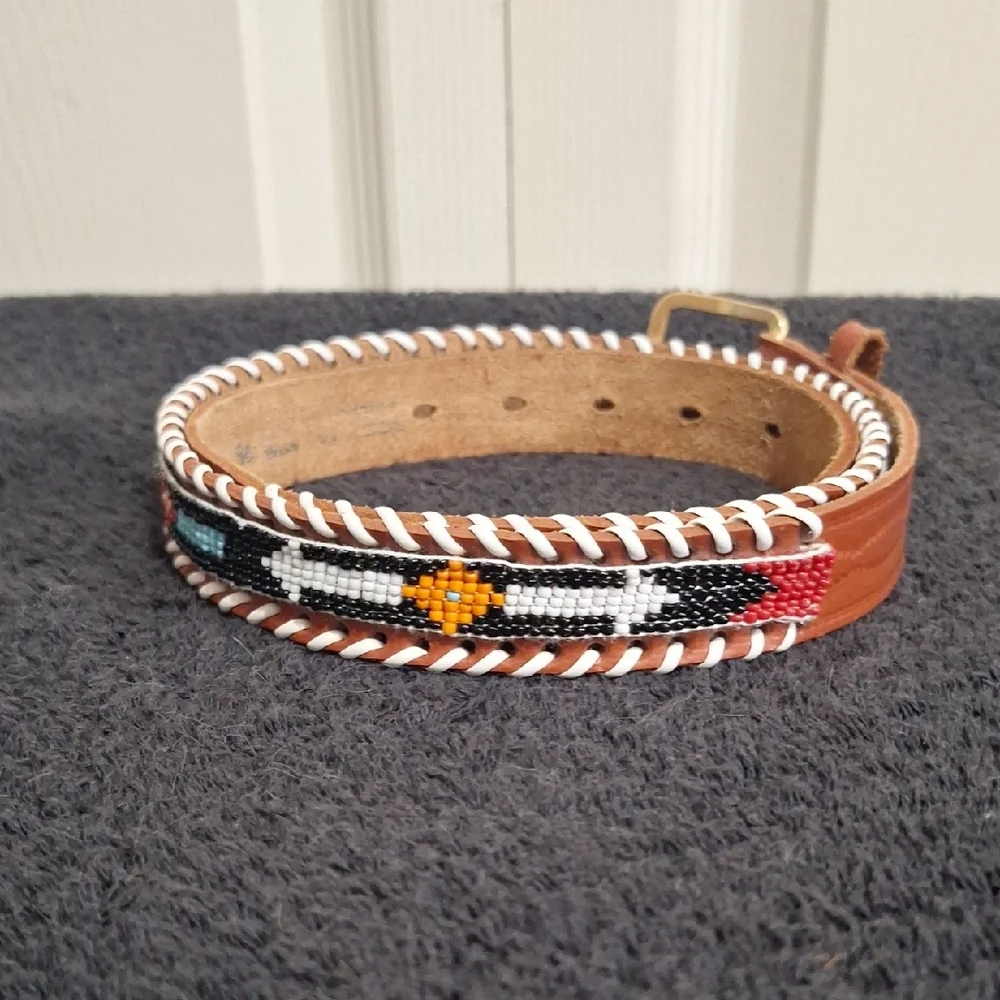 Made In Mexico Colorful Beaded Stamped Genuine Cowhide Belt-34-Brown Multi